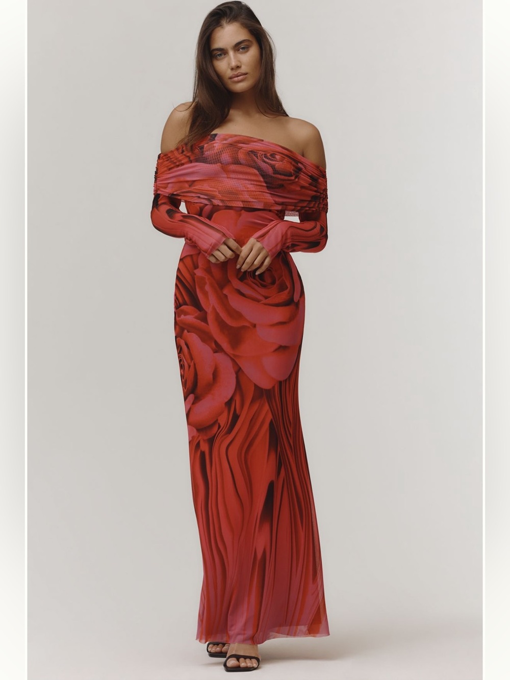 Anthropologie AFRM Long-Sleeve Off-The-Shoulder Mesh Maxi Dress
